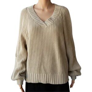 Moon & Madison Chunky Sweater Sleeve Cutouts V Neck Pullover Beige Medium